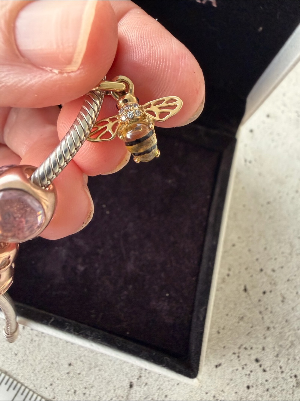 2 Pandora Two-Tone Charm Bracelets with Rose Gold Floral Charms & Gold Bee - Picture 7 of 15